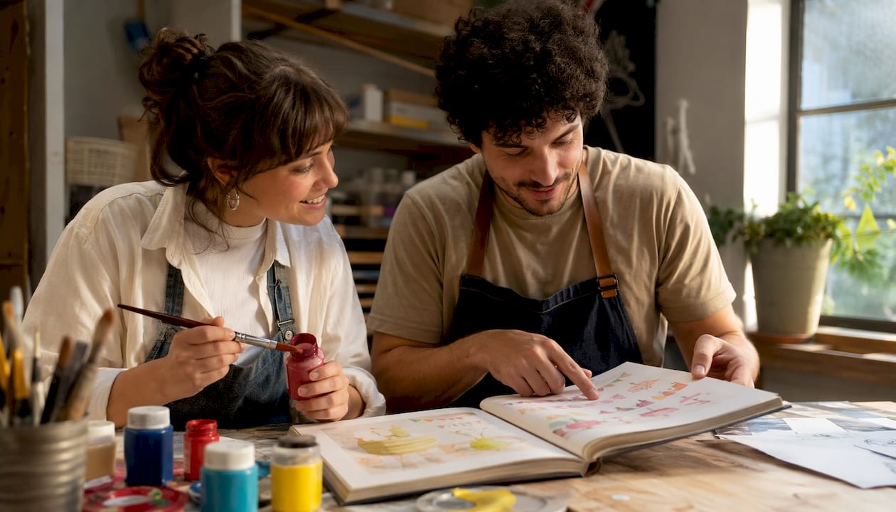 Duas pessoas a trocar ideias sobre decorações personalizadas