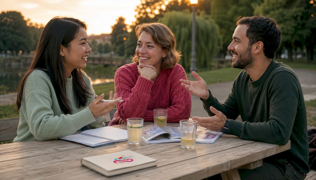 Un grupo de amigos comparte sus opiniones sobre las obleas mientras disfrutan de un café en la cafetería.