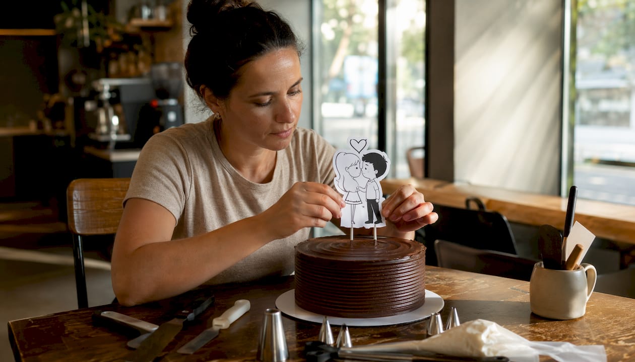 Uma mulher experimenta o tamanho de um topper em papel, colocando-o por cima de um bolo na cozinha.