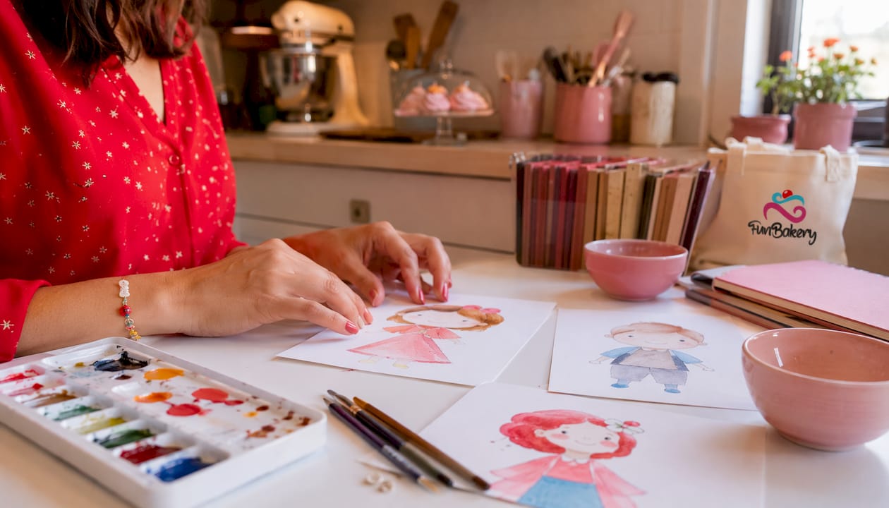 Unas manos acomodan materiales de diseño de estilo naïf sobre una mesa blanca.