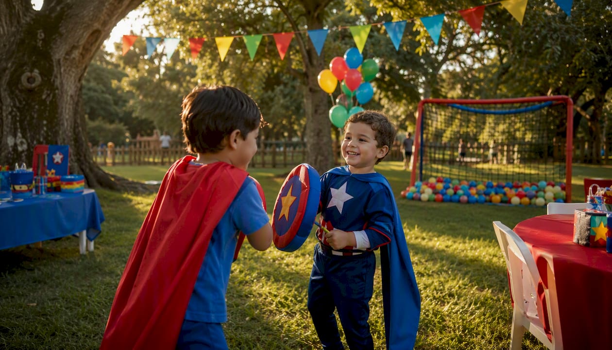 Miúdos a divertirem-se no jardim, vestidos com roupas de super-heróis.