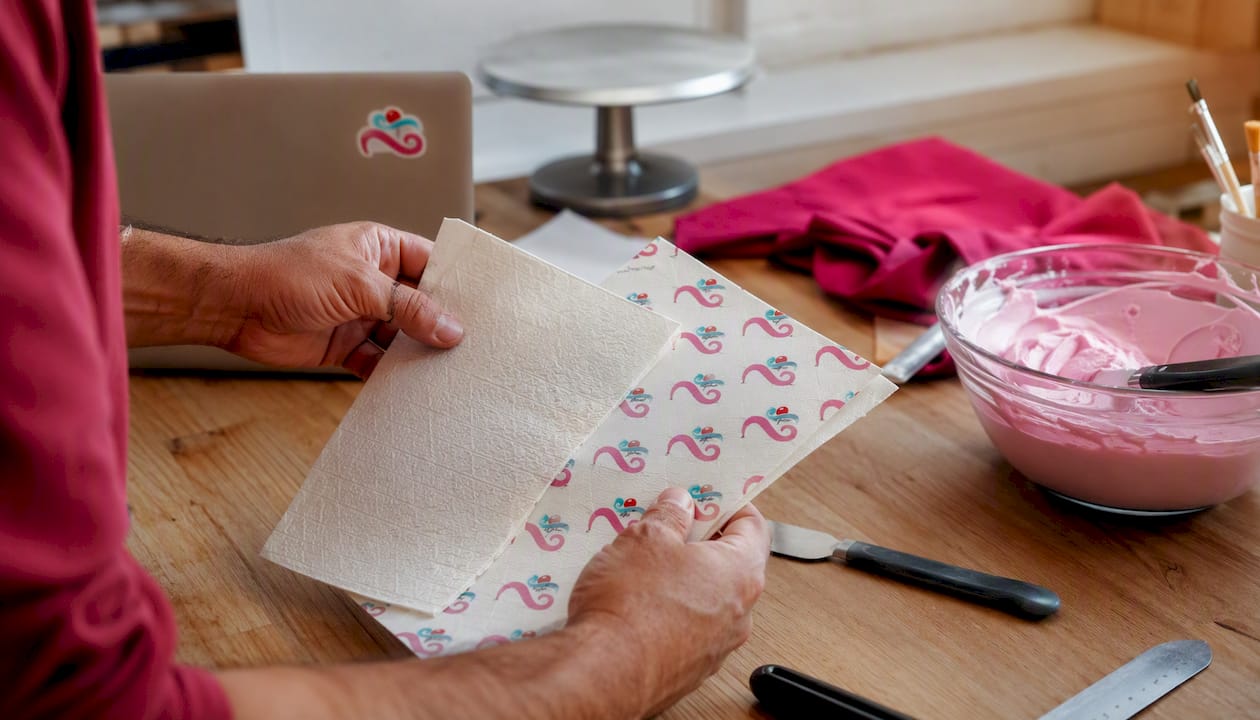Unas manos muestran la diferencia entre papel de azúcar y oblea