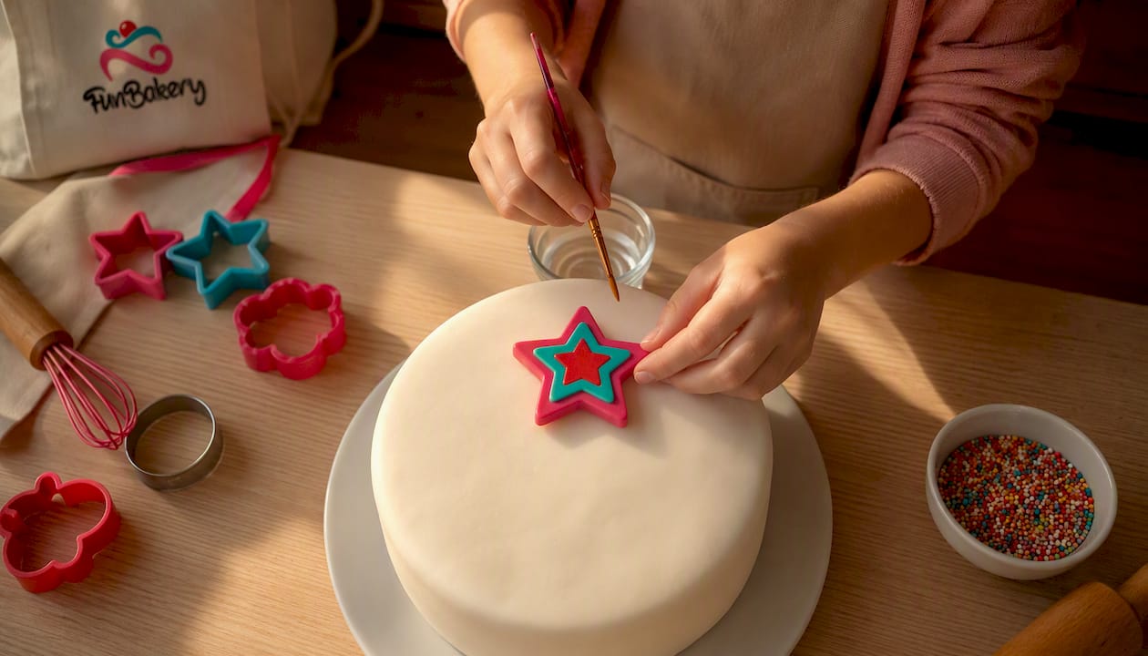 Colocando el topper sobre el fondant con ayuda de un pincel