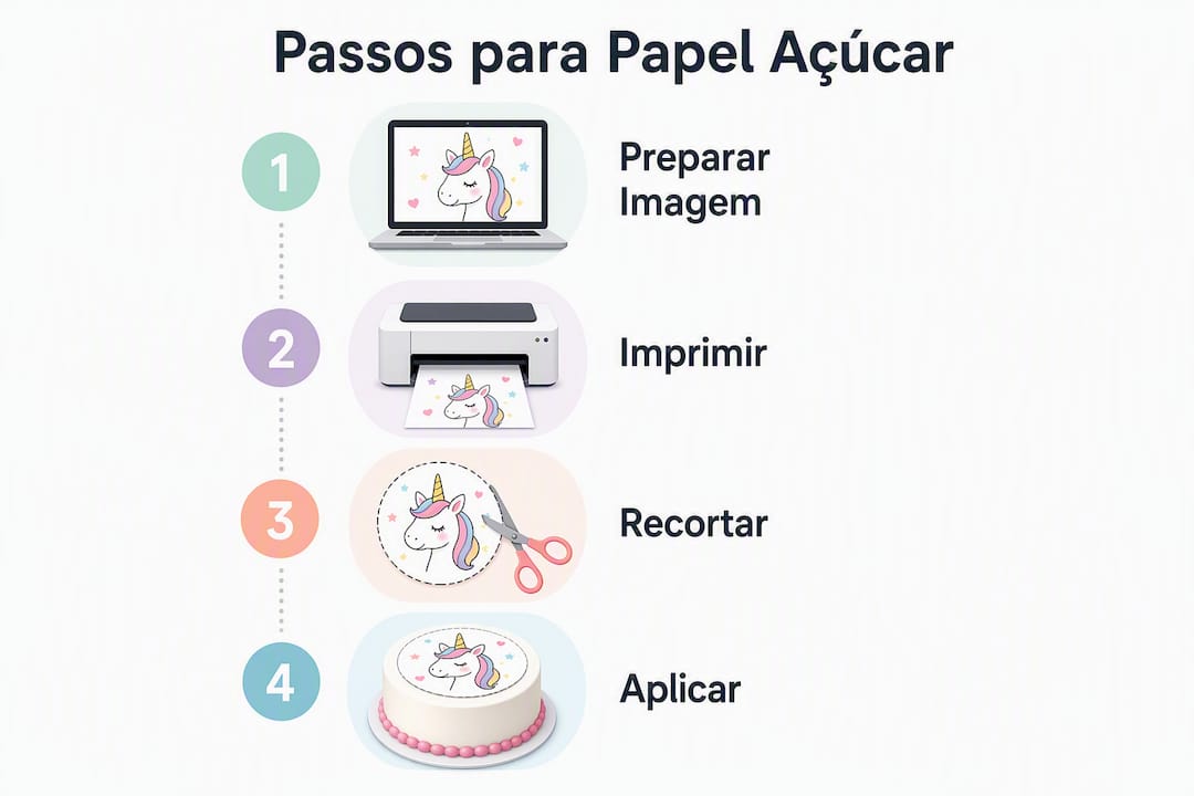 Infográfico com o passo a passo para criar papel de açúcar personalizado