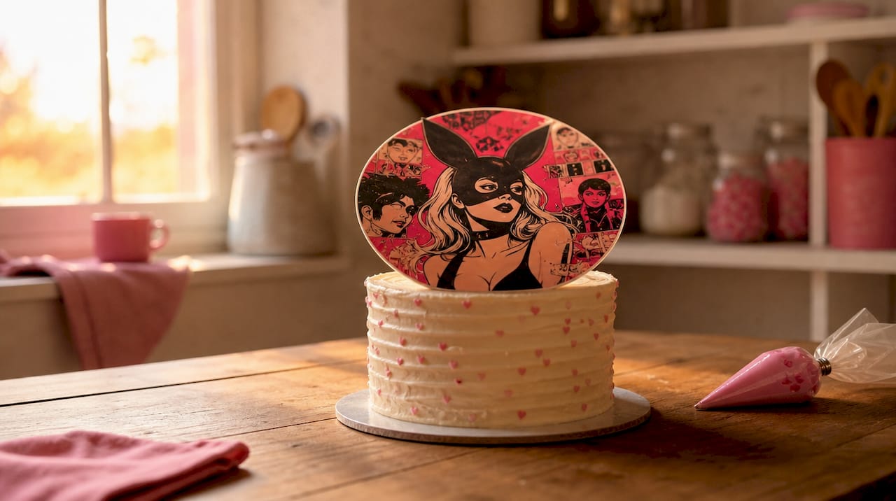 Oblea comestible con diseño de temática pop colocada sobre la tarta