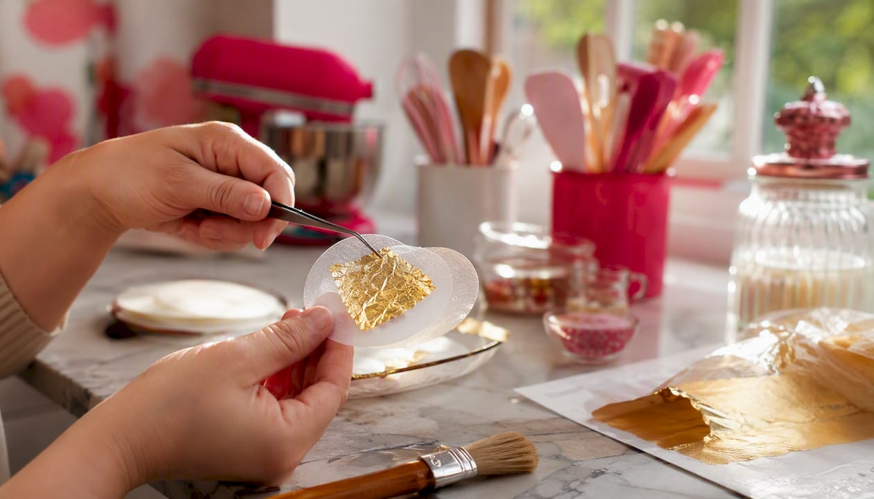 Unas manos aplicando pan de oro sobre una oblea