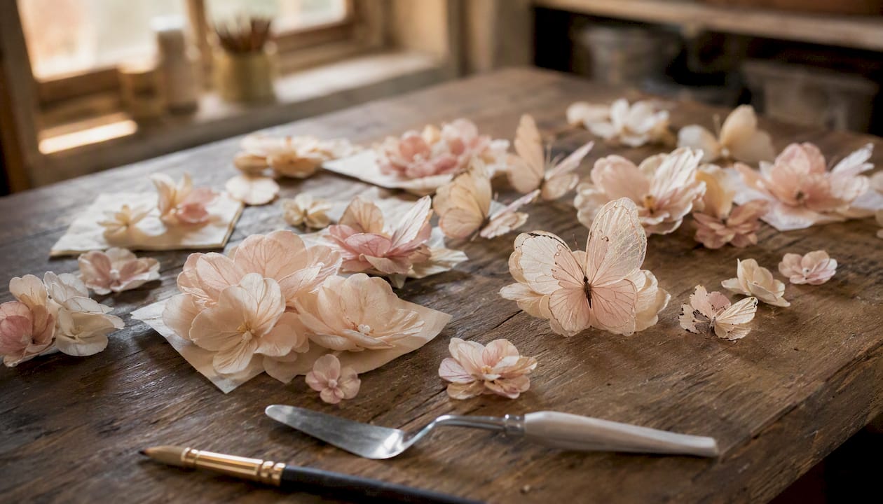 Flores e borboletas comestíveis feitas em papel de hóstia