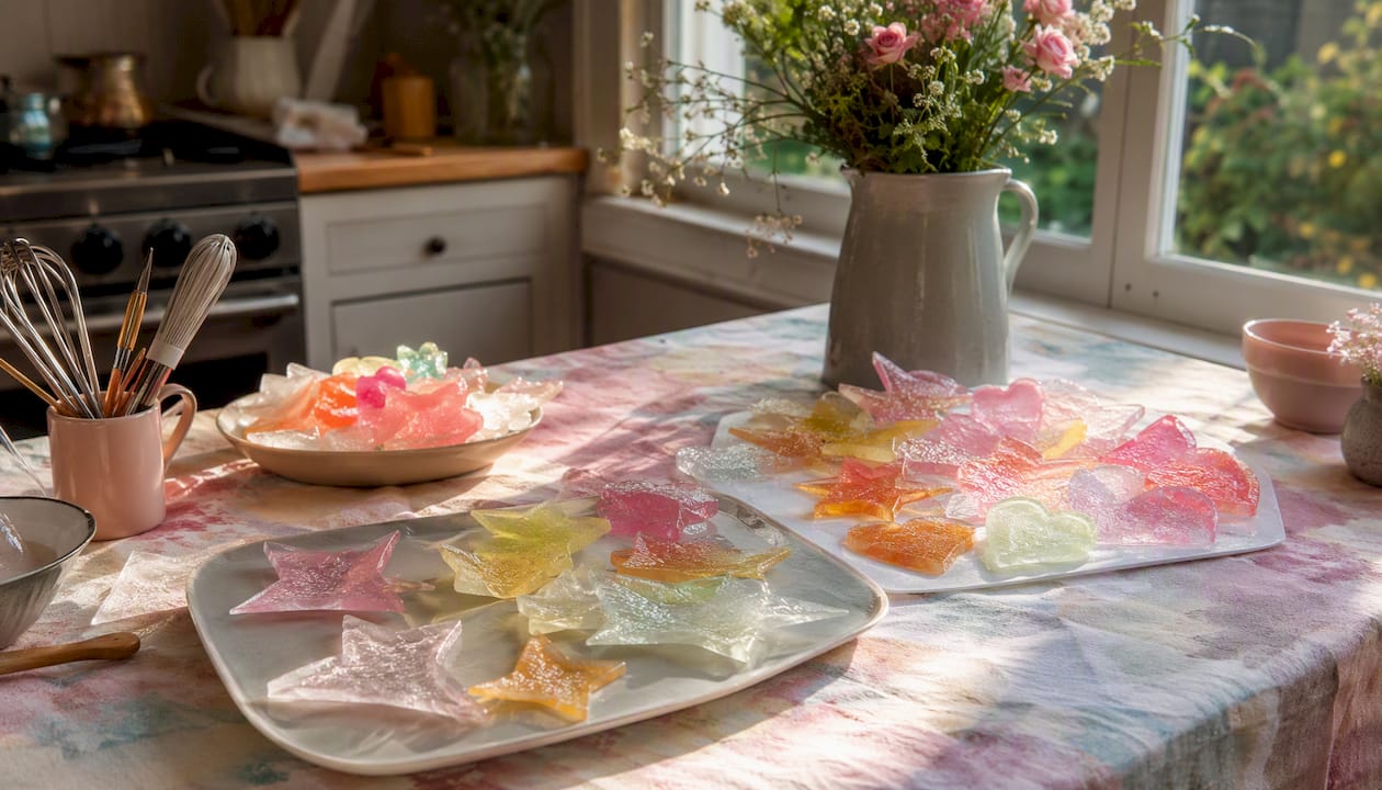 Decorações com folhas comestíveis coloridas para bolos e sobremesas