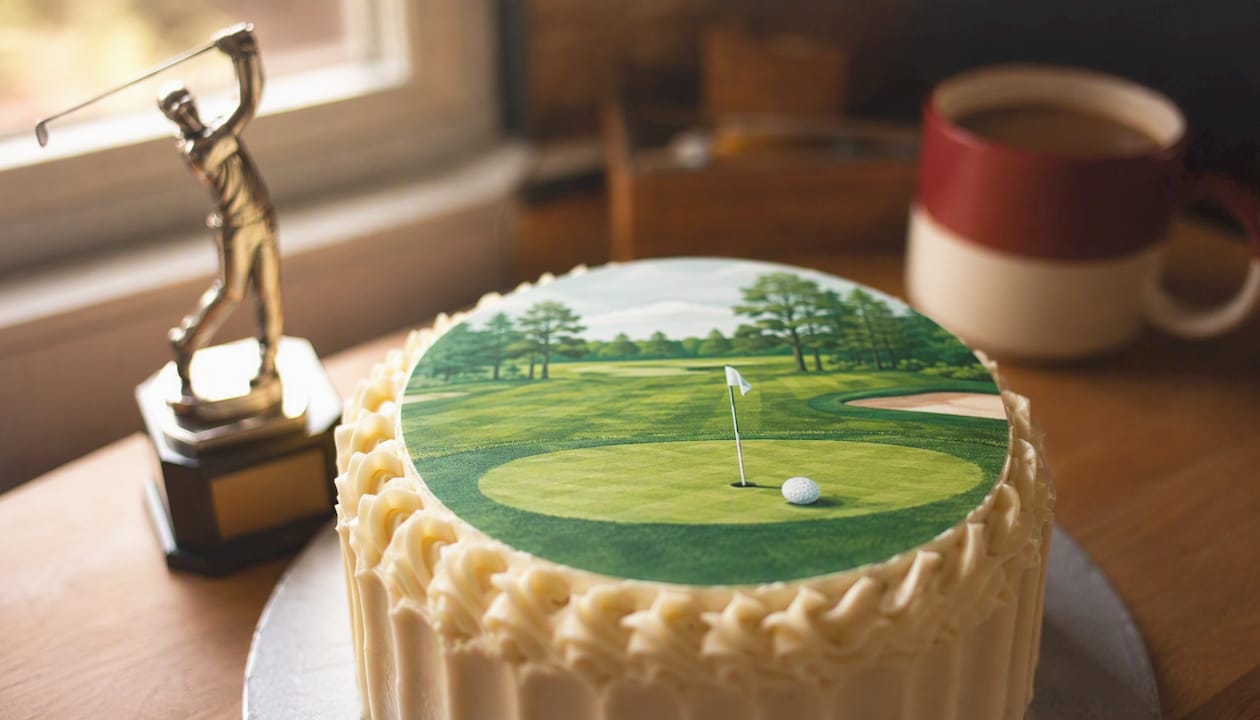 Tarta decorada con oblea comestible temática de golf, ideal para aficionados al deporte.