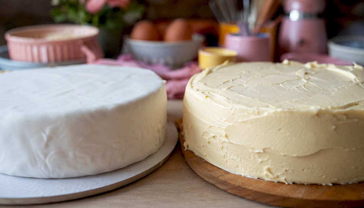 Detalhe aproximado das superfícies de bolos decorados com pasta de açúcar e creme de manteiga