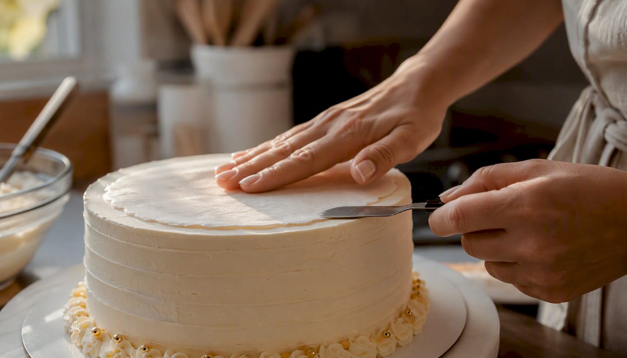 Como colocar a folha de obreia sobre o buttercream com todo o cuidado