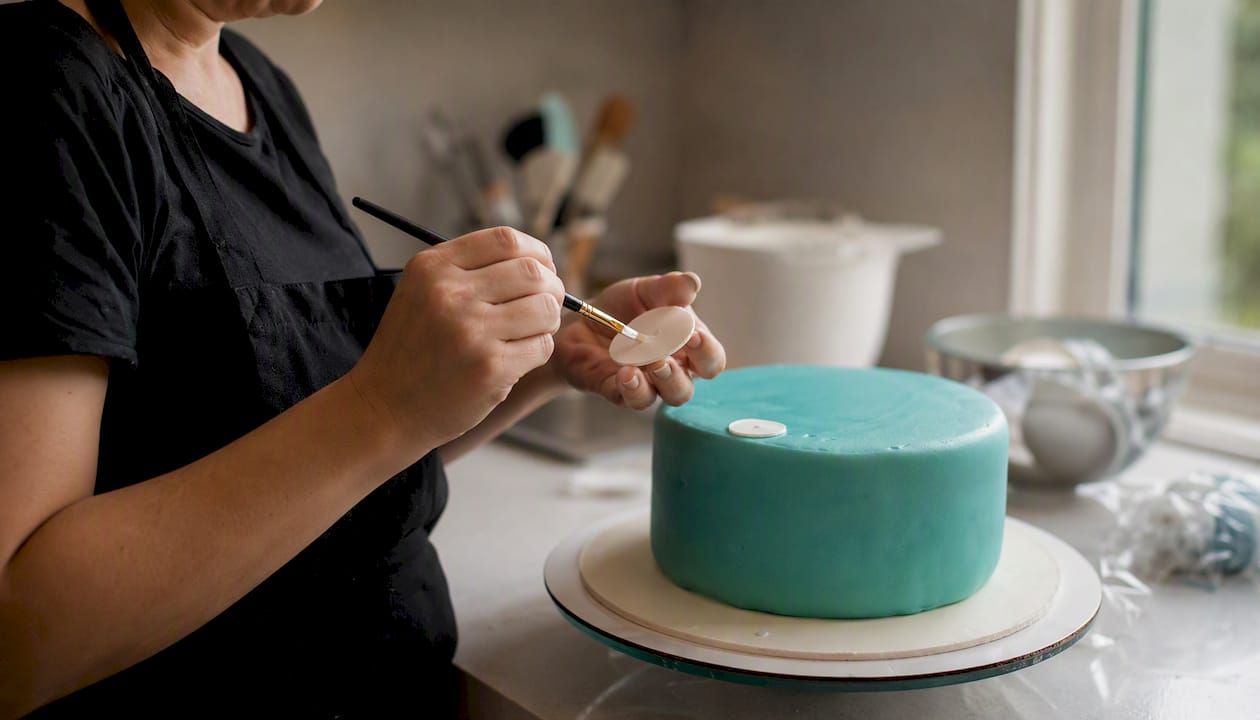 As mãos espalham cola comestível sobre a folha de oblá, preparando-a para aplicar o fondant.