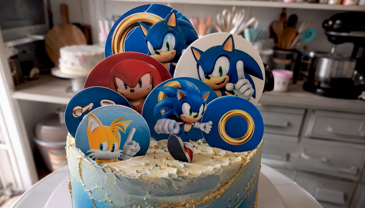 Bolo de aniversário com toppers personalizados em folha comestível