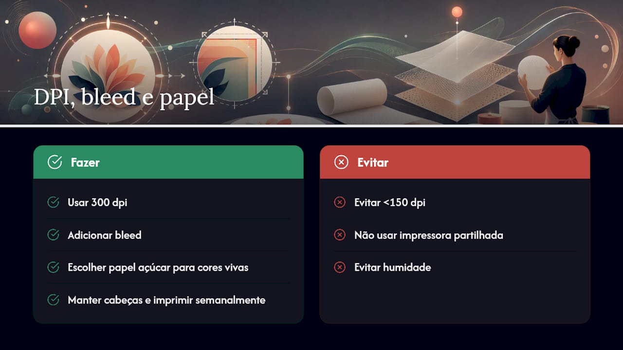 Por que é que o DPI, o bleed e o tipo de papel alteram o resultado? — overview diagram