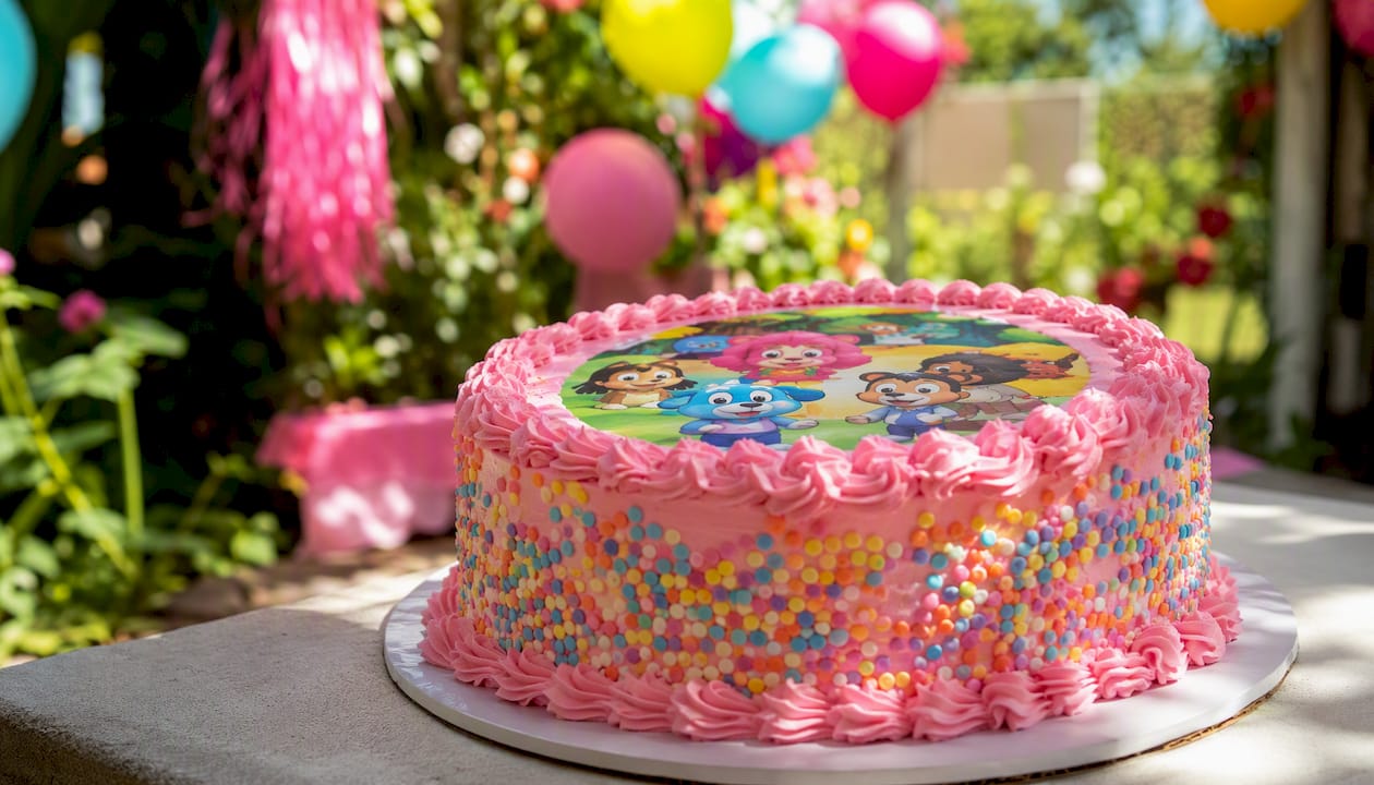 Tarta de cumpleaños decorada con colores vivos y oblea de tu personaje favorito