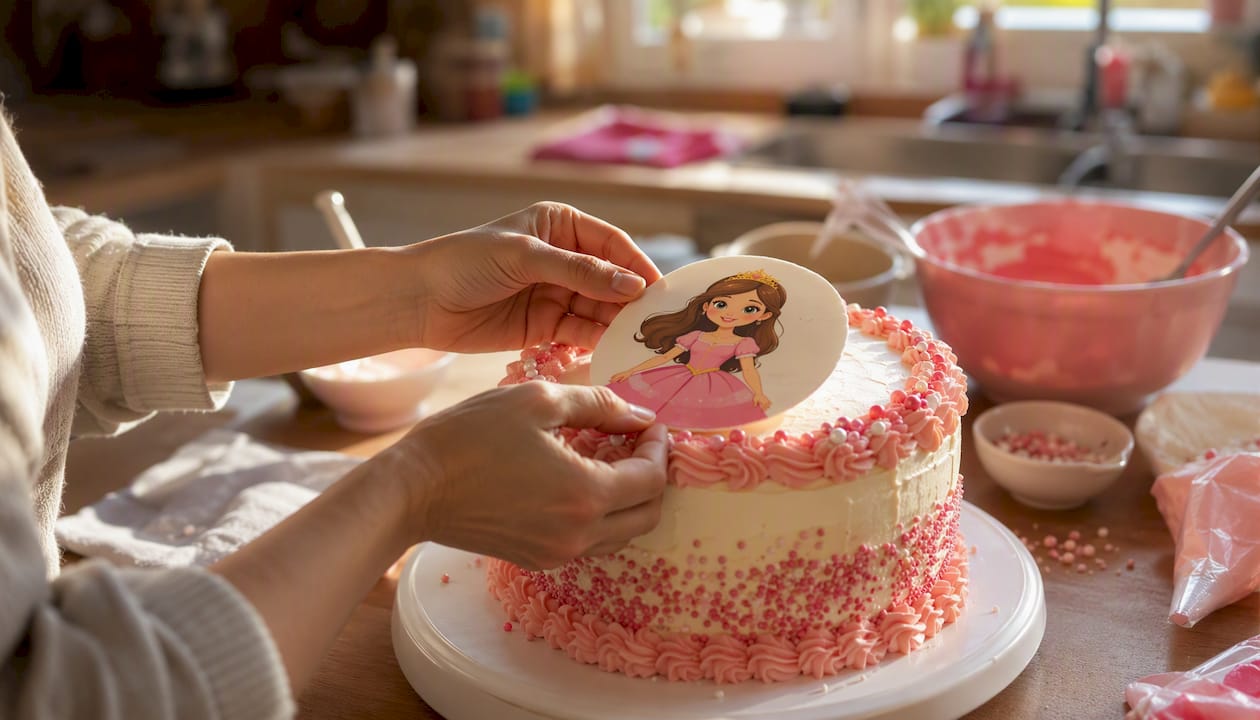 Unas manos colocan una oblea personalizada de princesa sobre una tarta