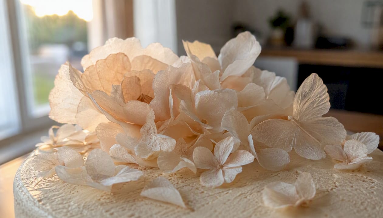 Decorações de flores em papel de hóstia translúcido a embelezar o bolo