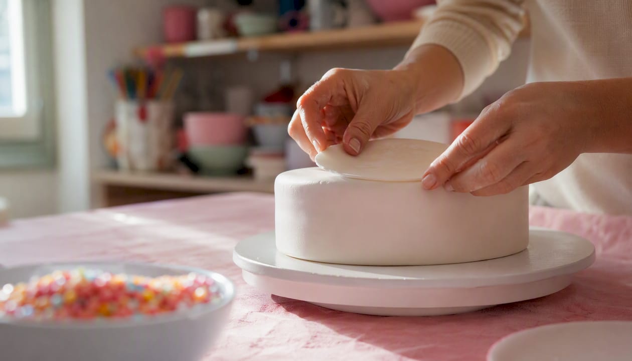 Manos colocando una oblea sobre una tarta cubierta de fondant blanco