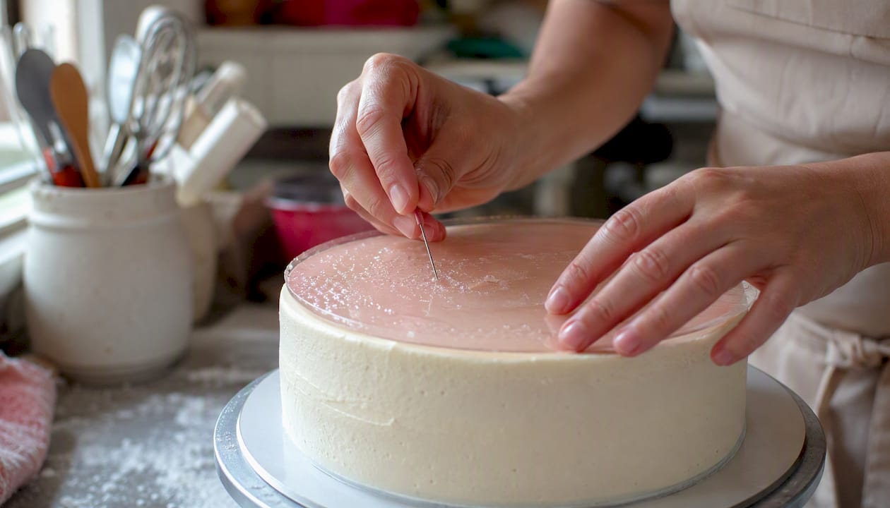Manos explotando burbujas de aire bajo una oblea comestible