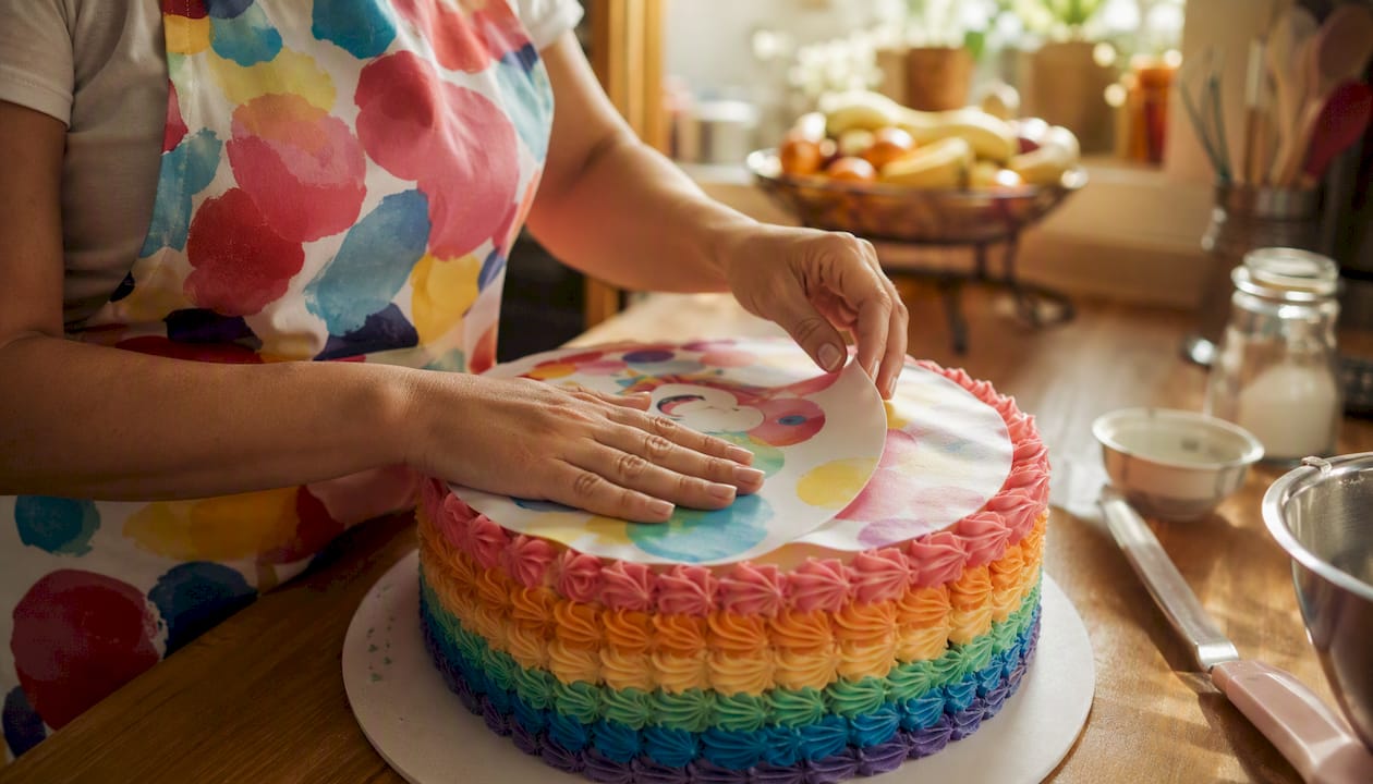 Unas manos decorando una tarta de boda con papel de azúcar