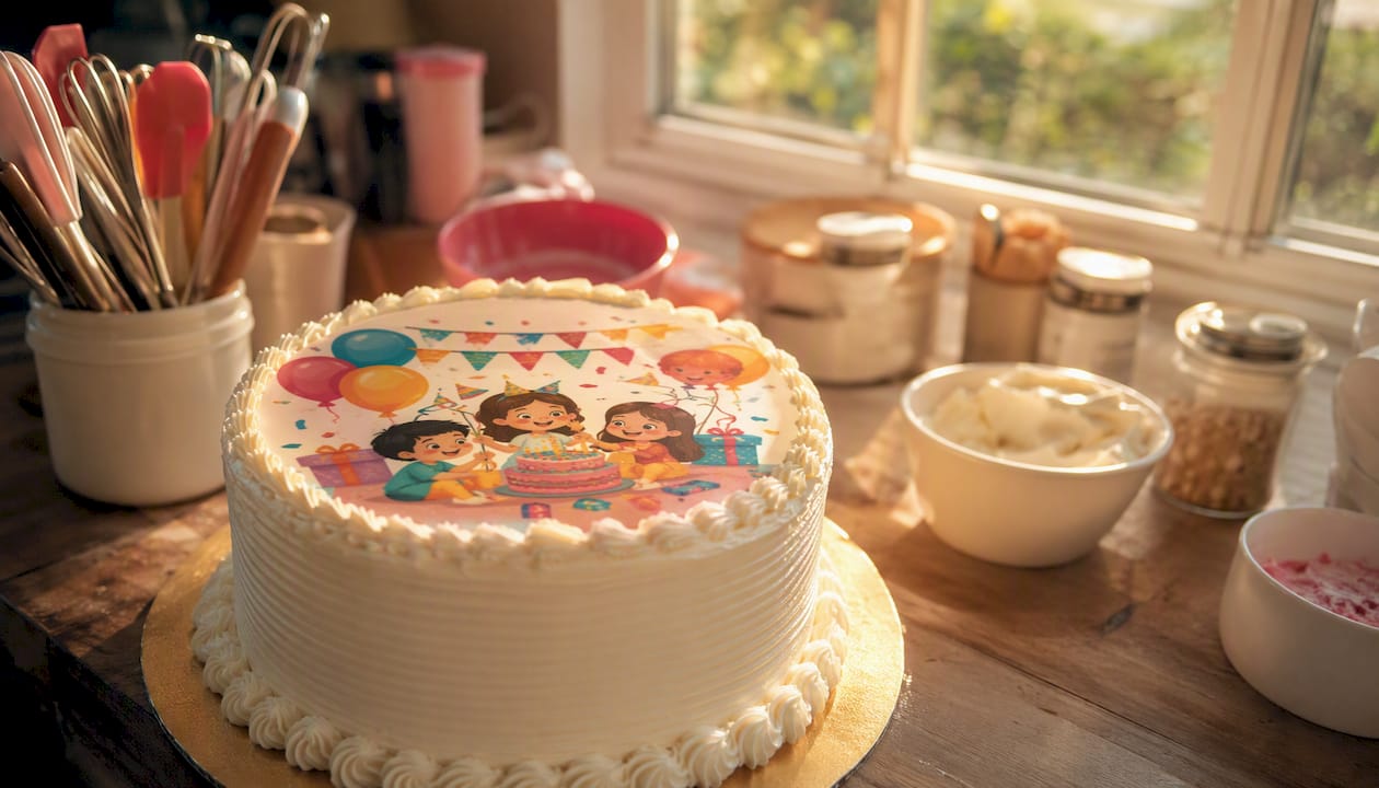 Tarta decorada con una imagen colorida impresa en papel de azúcar