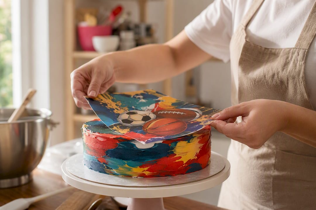 Unas manos colocan una lámina de azúcar con motivos deportivos sobre un pastel.