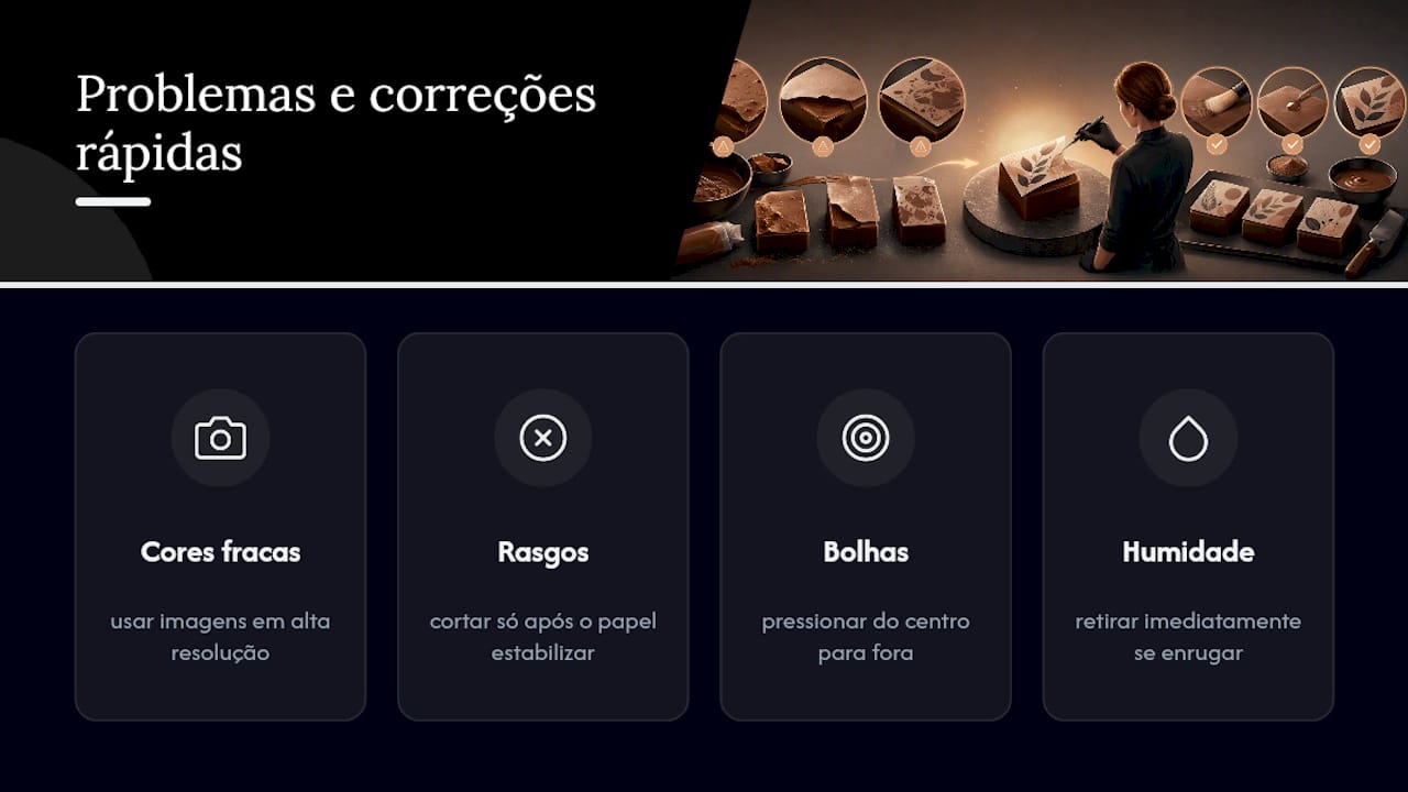 Infográfico sobre problemas comuns na aplicação de papel comestível e as respetivas soluções