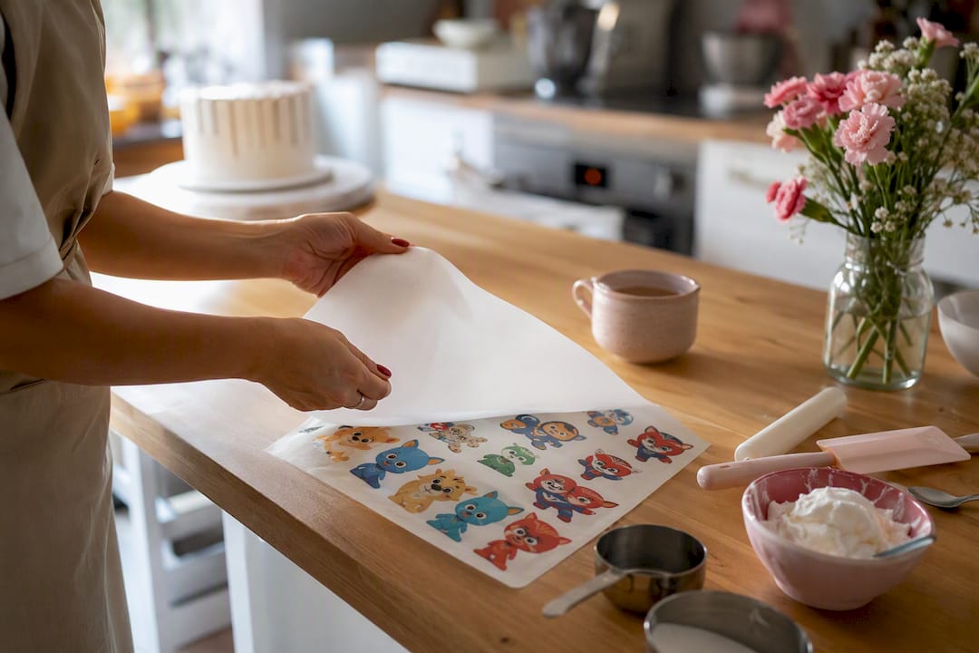 Folha de papel de açúcar comestível e mãos a usar um tablet