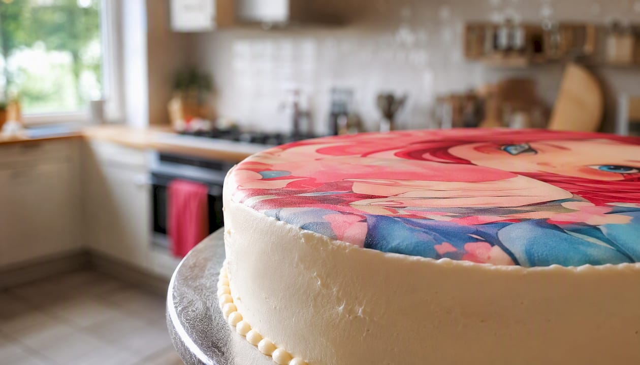 Tarta decorada con papel de azúcar de colores vivos