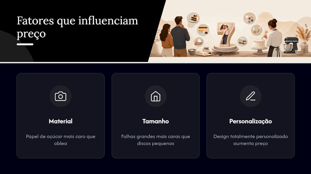 Esquema dos fatores de custo de um bolo com fotografia comestível