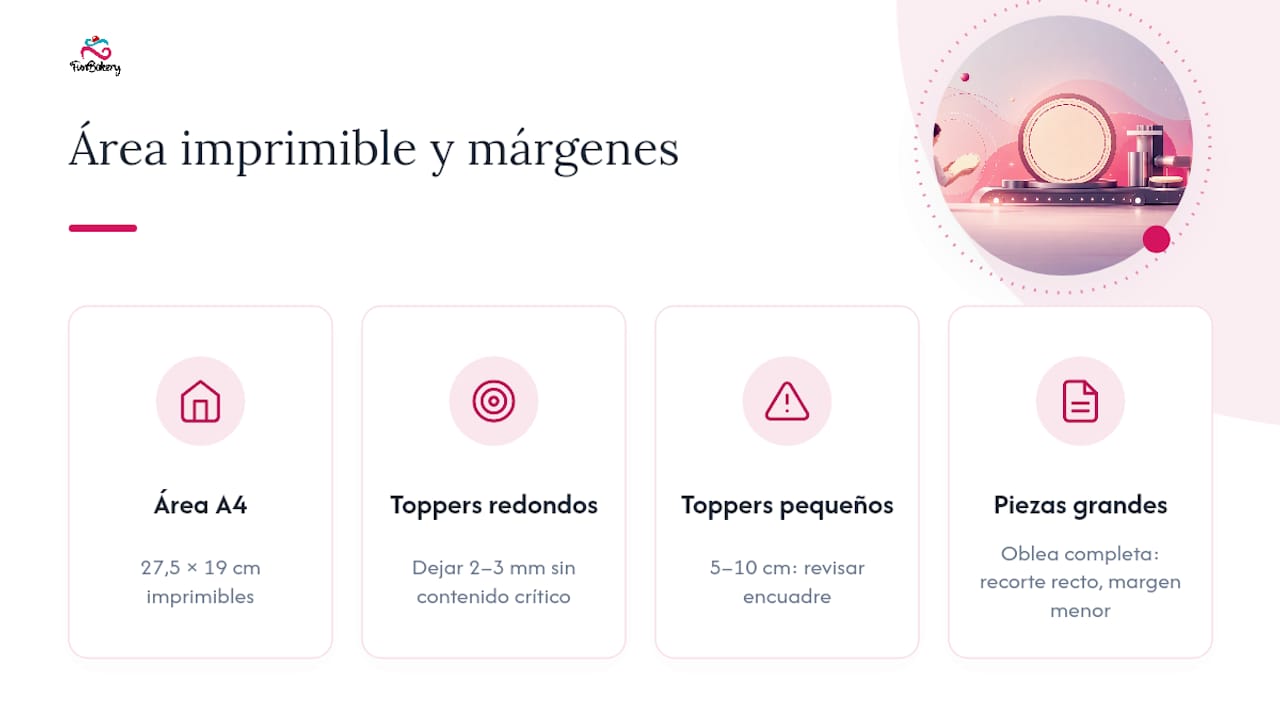 Diagrama de tamaños imprimibles y zonas de margen para obleas comestibles