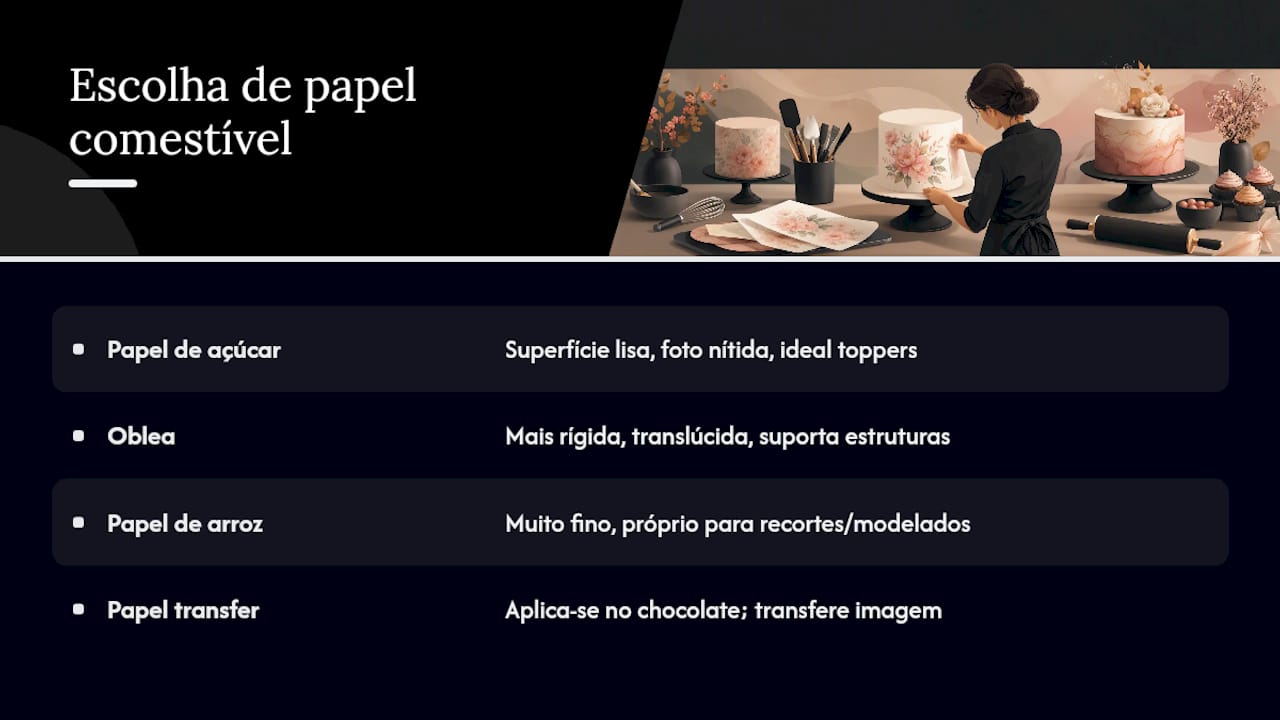 Papel de açúcar, oblea, papel de arroz ou transfer: qual escolher? — overview diagram