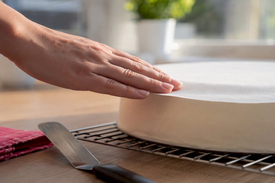 Mano colocando una oblea sobre una tarta fría
