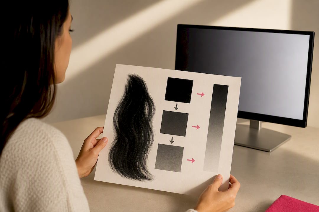 Ilustración de cabello en tonos oscuros en pantalla