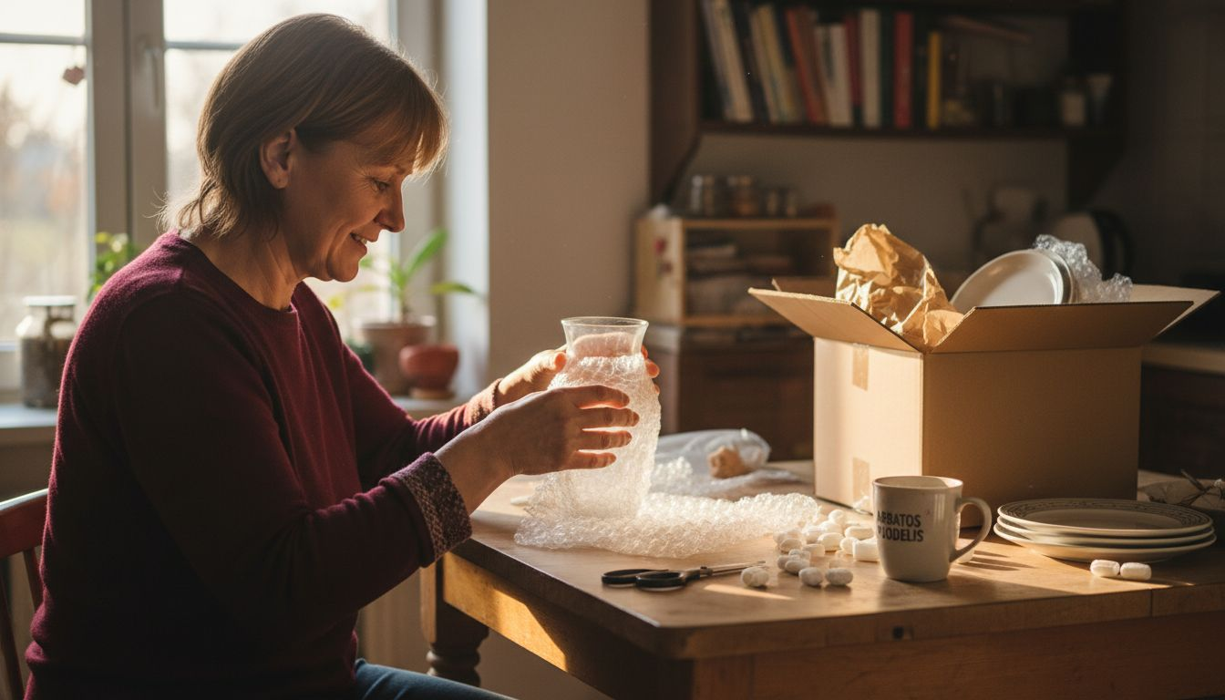 Moteris kruopščiai į burbulinę plėvelę vynioja trapų daiktą.
