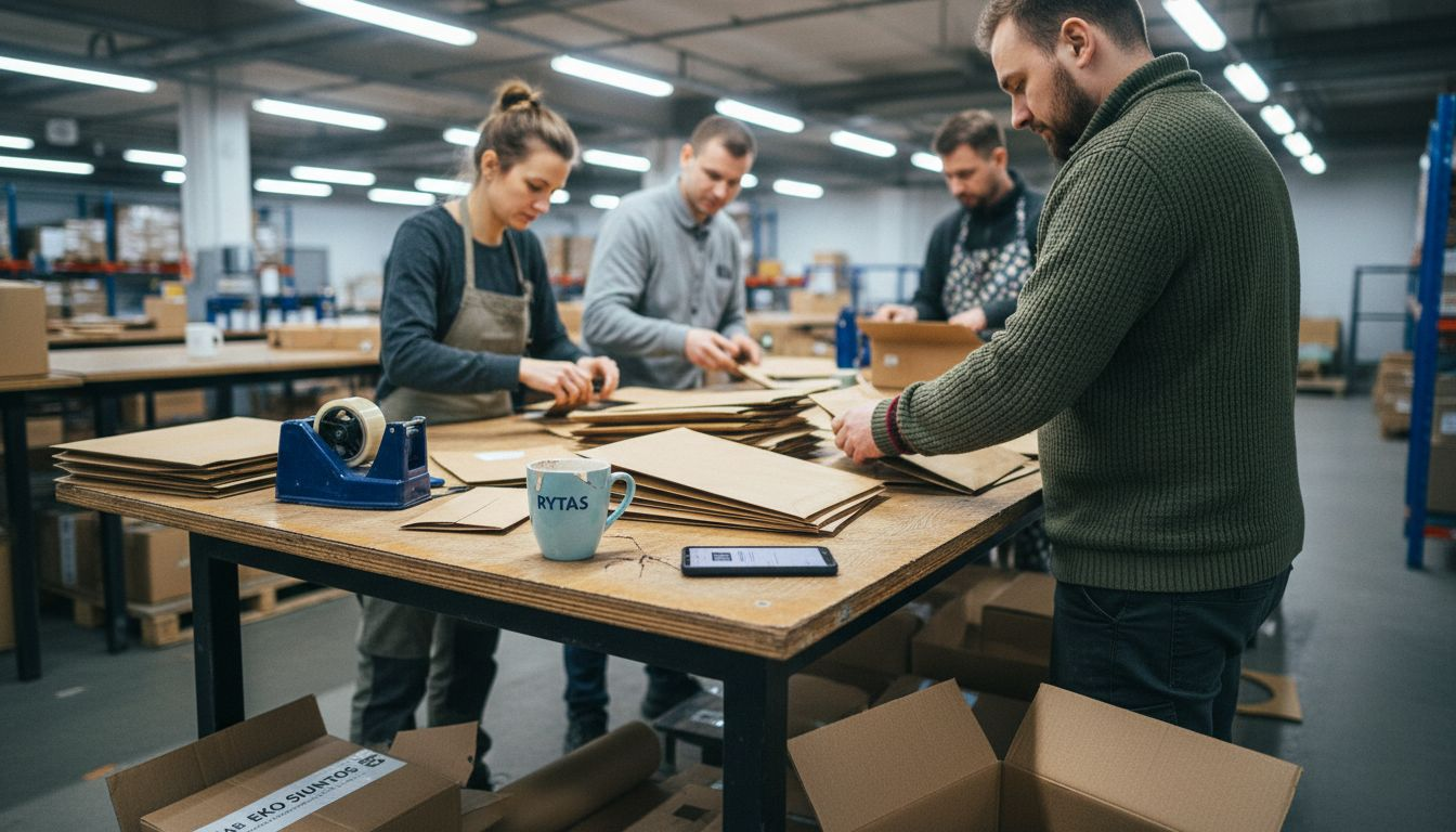 Elektroninės prekybos komanda ruošia siuntinius ekologiškuose, perdirbto popieriaus vokuose.
