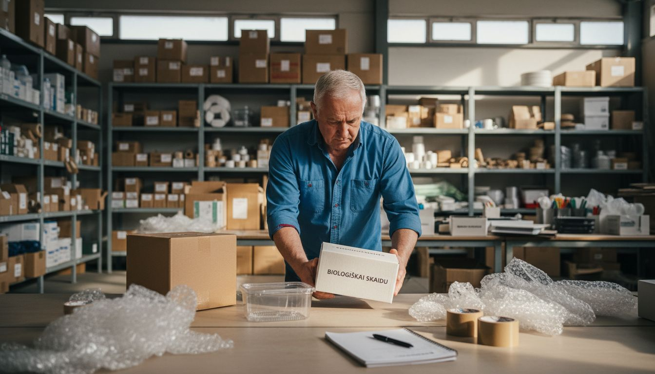 Vyras apžiūri ir lygina įvairias pakuočių medžiagų pavyzdžius, ieškodamas geriausio sprendimo.
