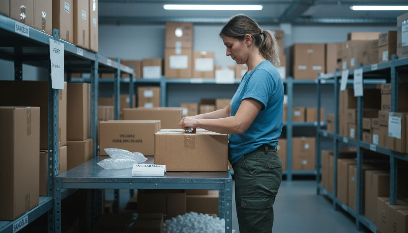 Sandėlio darbuotojas ruošia elektroninės parduotuvės siuntą