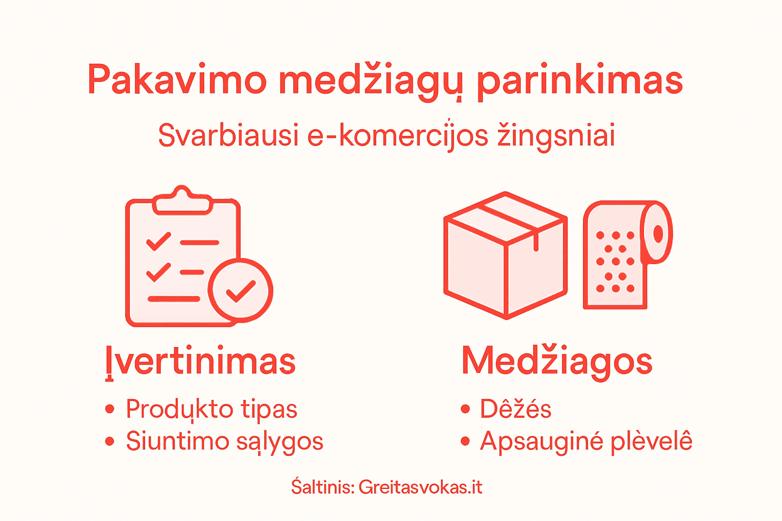 Infografikas, pristatantis pagrindinius pakavimo medžiagų pasirinkimo etapus