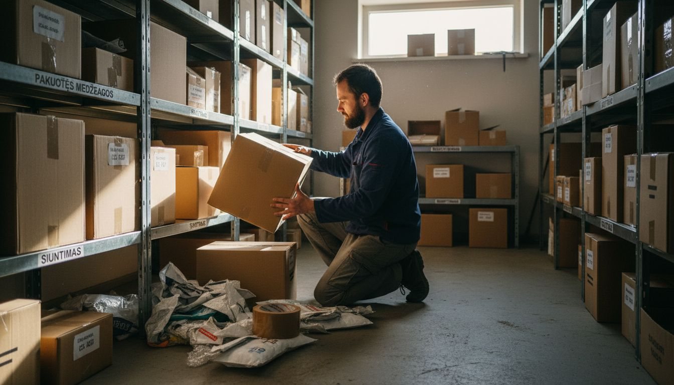 Darbuotojas renkasi tinkamiausią siuntimo dėžę iš įvairių pakavimo priemonių.
