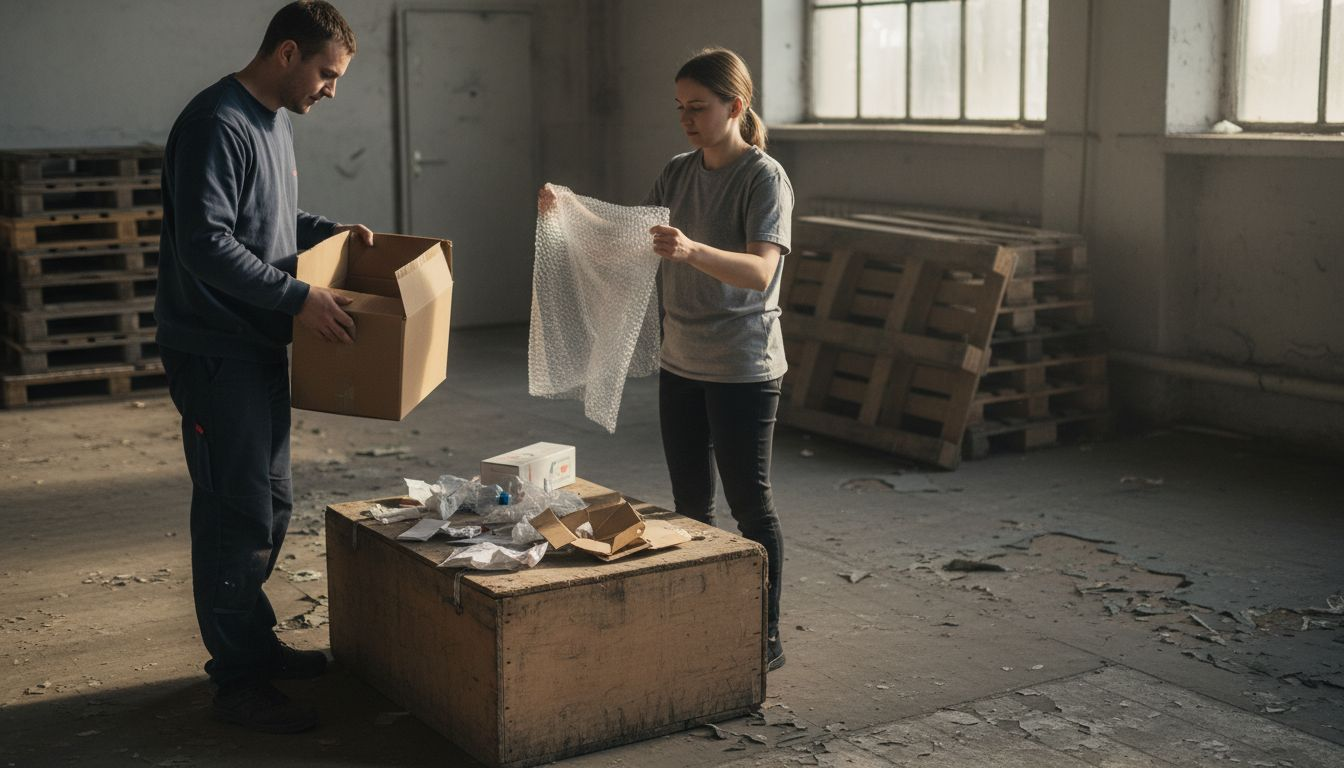 Sandėlyje vyksta įvairių pakuočių rūšiavimas