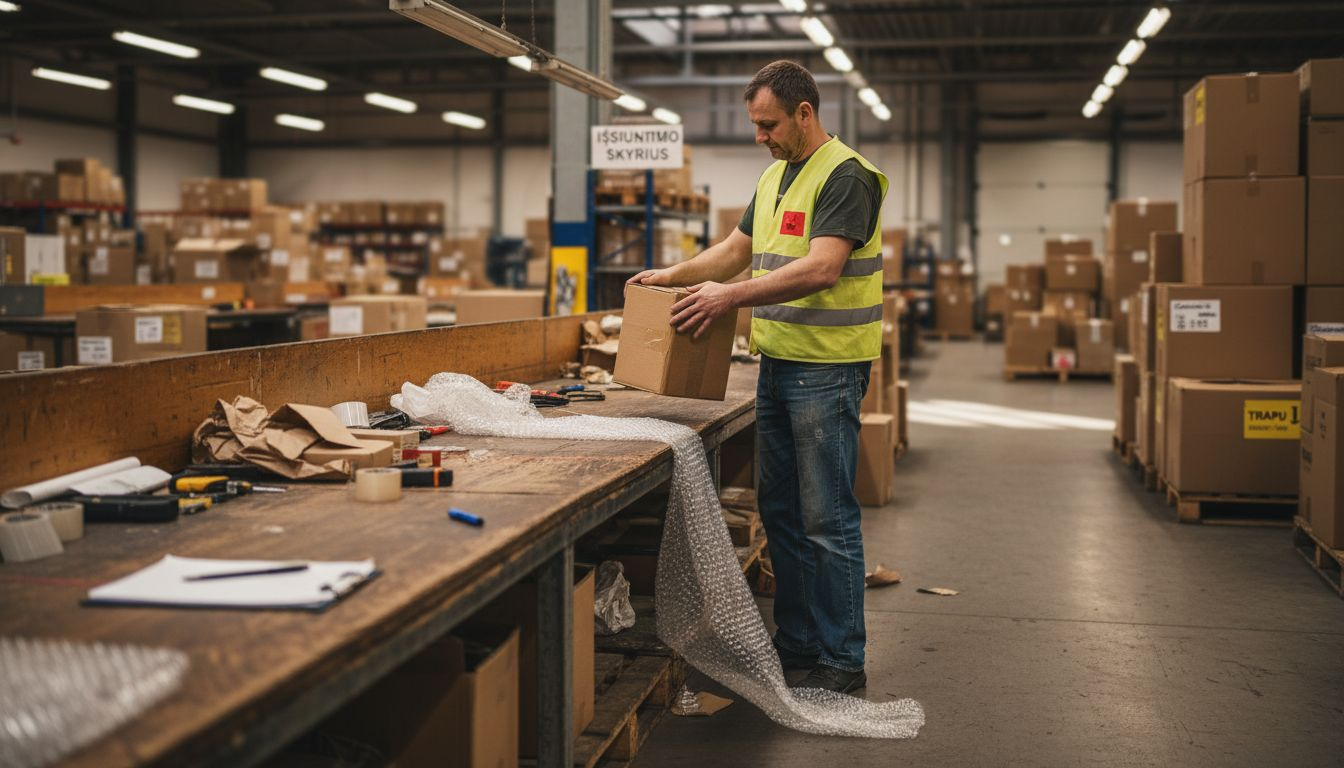 Sandėlio vadovas tikrina, ar pakuotės pakankamai tvirtos ir atlaikys gabenimą.