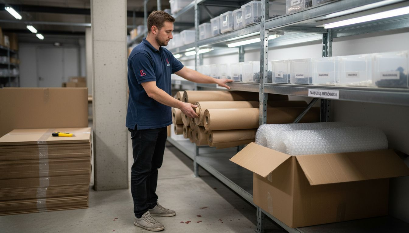 Sandėlio darbuotojas renkasi tinkamas pakuotes užsakymams supakuoti.