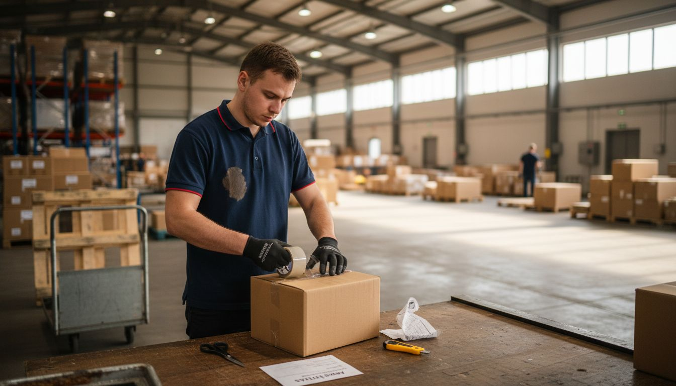 Sandėlio darbuotojas ruošia siuntinį išsiuntimui – kruopščiai užklijuoja dėžės viršų.