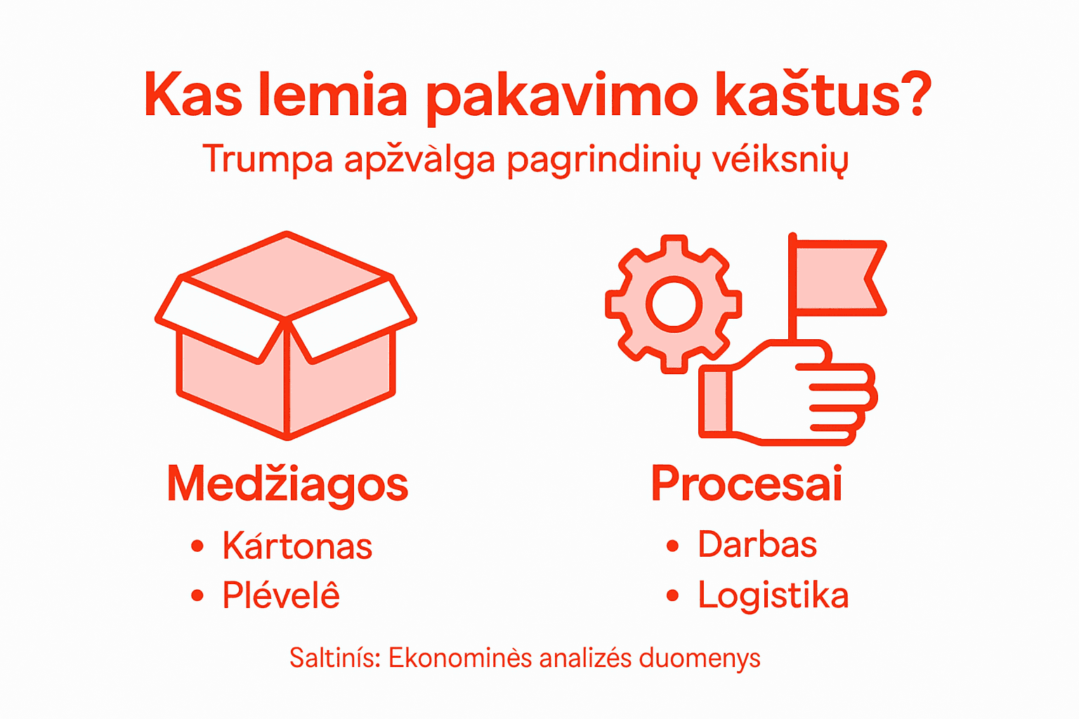 Pagrindinių pakuotės kainą lemiančių veiksnių infografikas