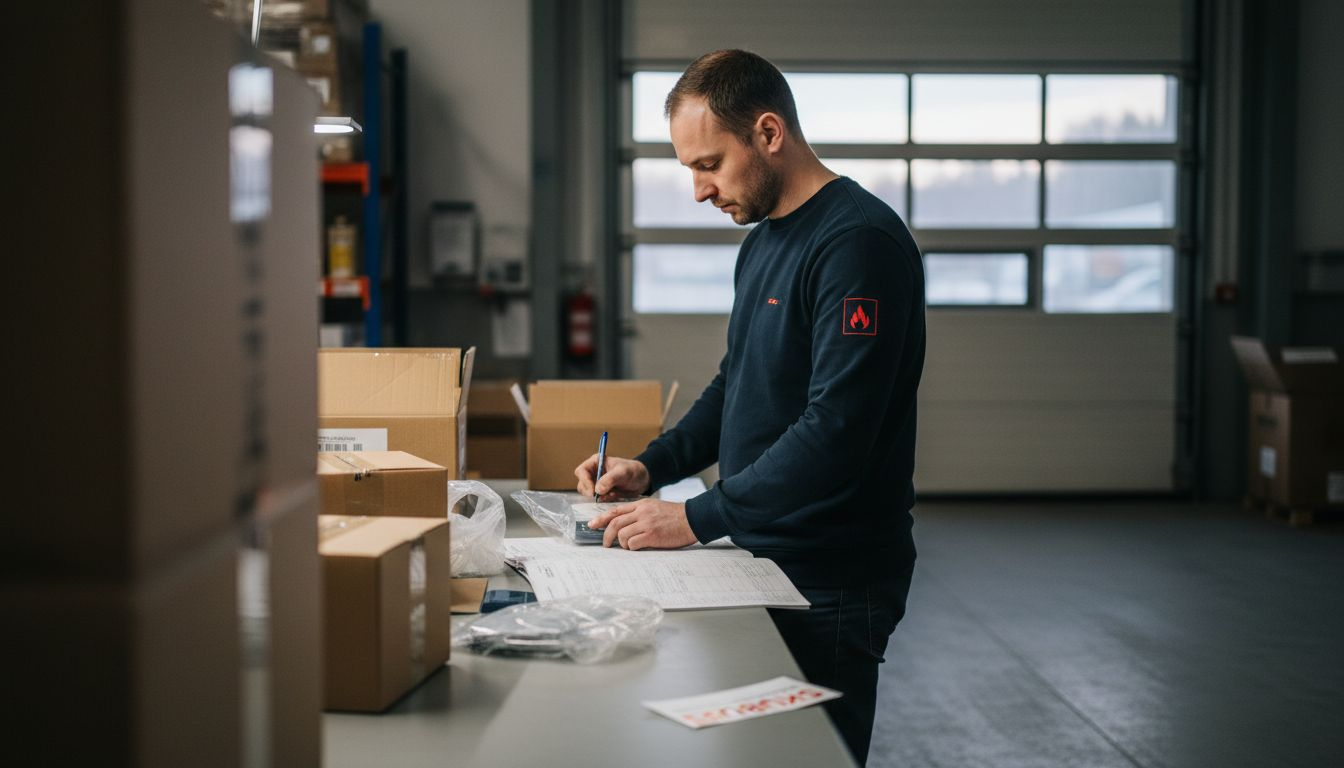 Sandėlio darbuotojas ruošia užsakymą ir kruopščiai supakuoja prekes.