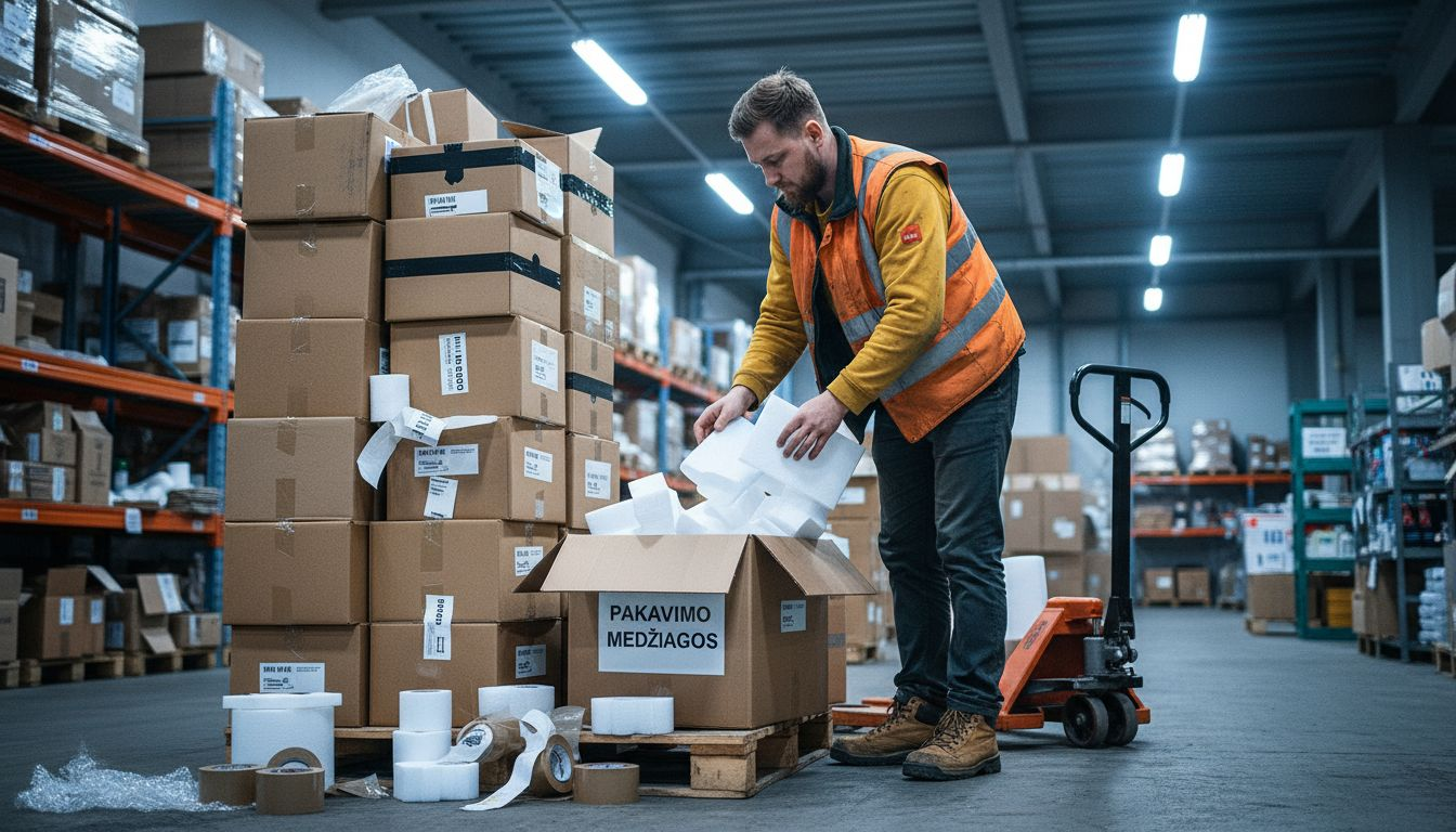 Sandėlio darbuotojas rūšiuoja pakuočių priedus