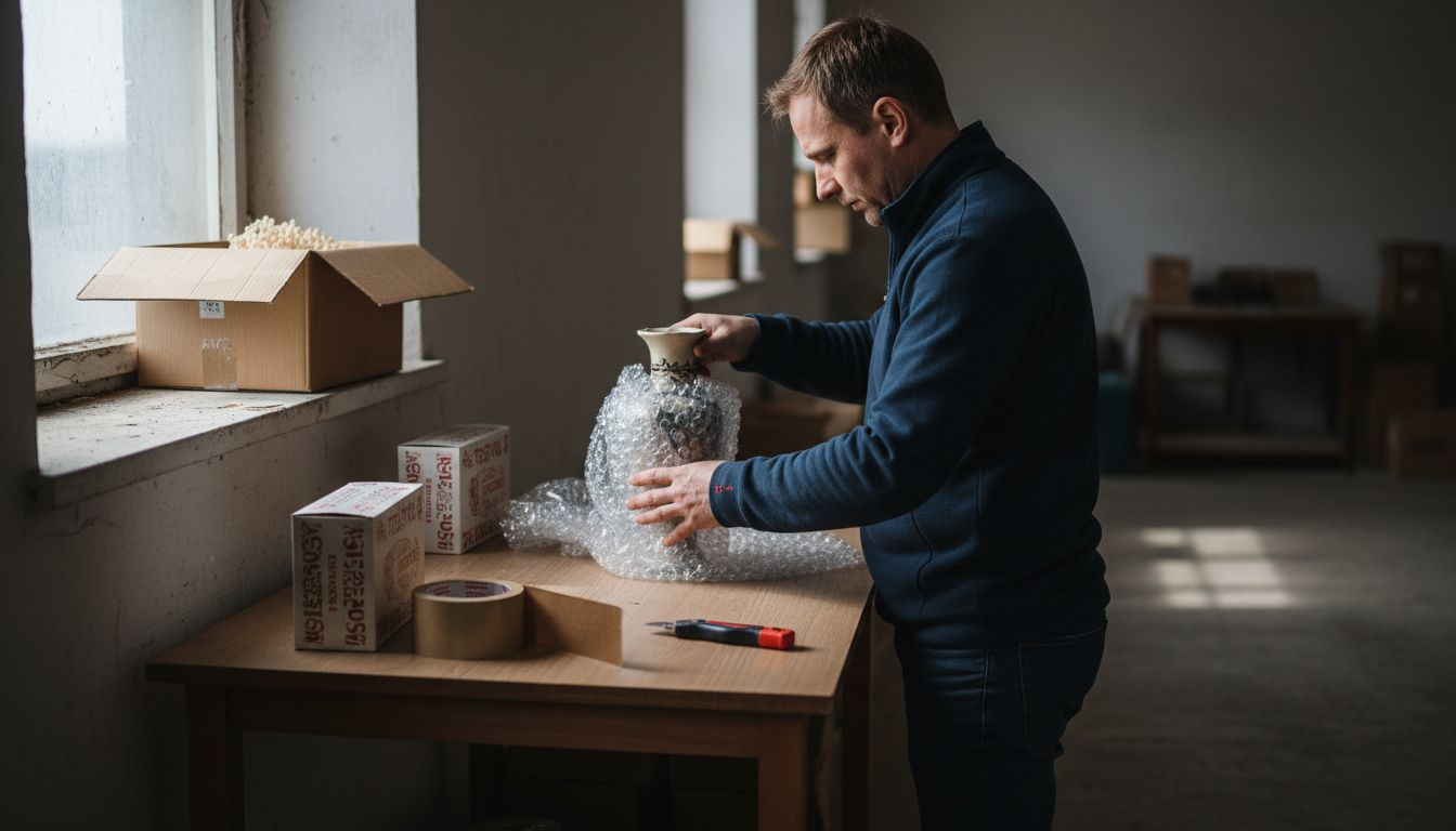 Vyras atsargiai į burbulinę plėvelę įpakuoja gležną daiktą.