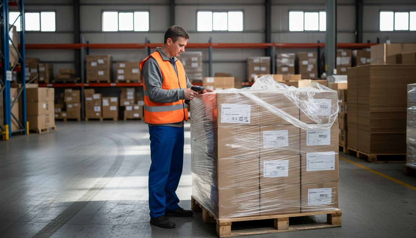 Darbuotojas skenuoja siuntą, supakuotą į perdirbamą plėvelę.