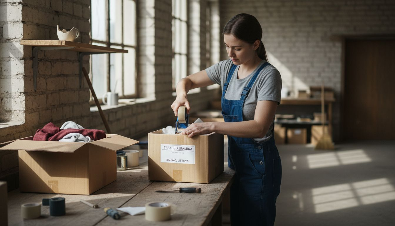 Sandėlio darbuotojas rūšiuoja ir pakuoja įvairias prekes